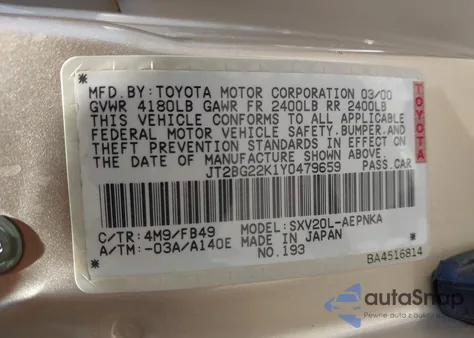 2000 Toyota Camry Le из США, поврежденный, VIN JT2BG22K1Y0479659